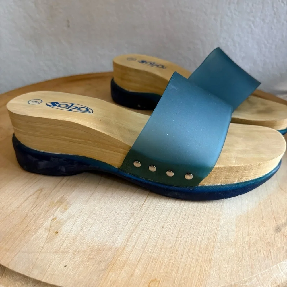 Y2K Soho blue clear faux wood wedge chunky sandal slides Size US 9. - Picture 3 of 5